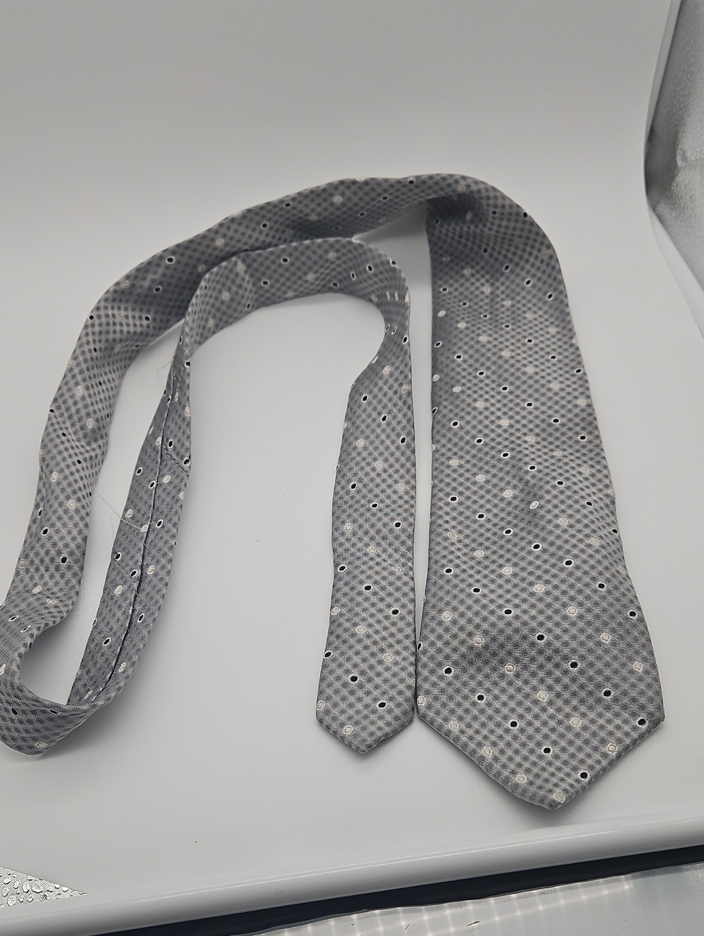 Perry Ellis Silver Gray Polka Dot Silk Tie